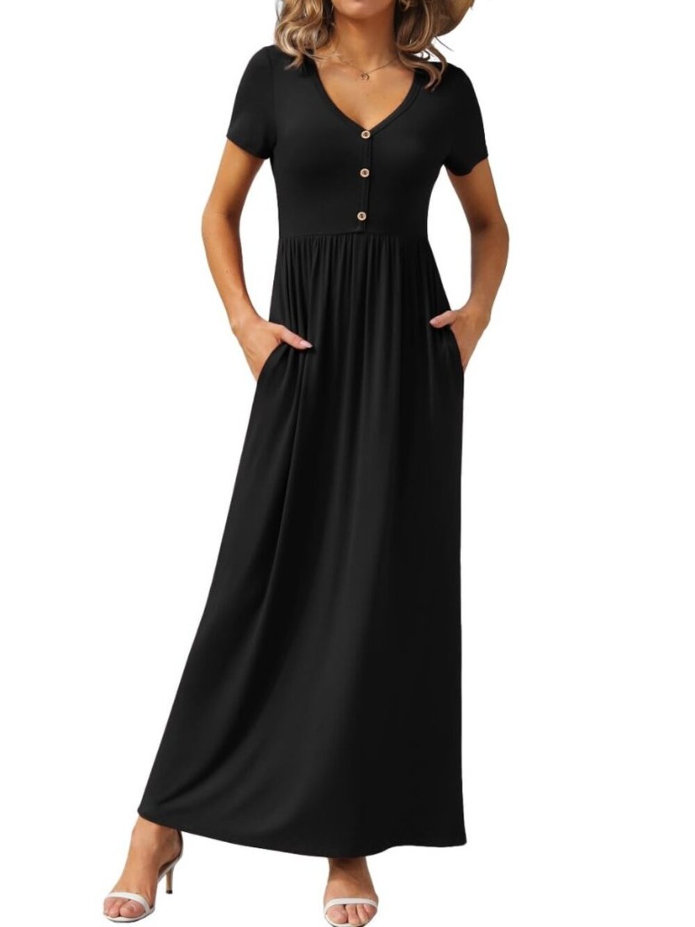 Womens Summer Long Maxi Dresses 2026 Short Sleeve V Neck Casual Button Dress